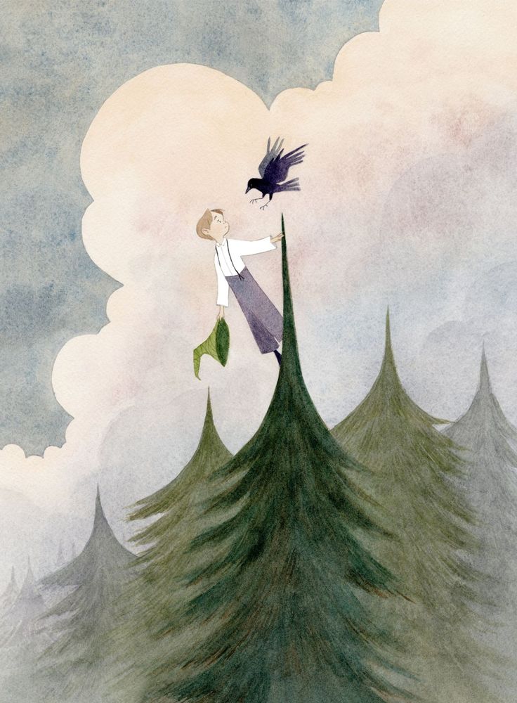 watercolor and gouache painting of a young magical boy standing on top of a pine tree looking up at a crow that approaches him