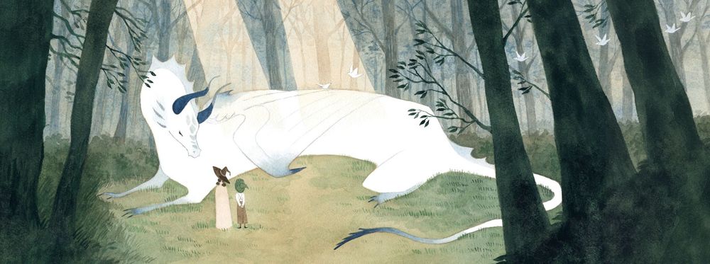 watercolor and gouache painting of two magical kids standing beseechingly in front of a giant, white dragon amid a sun dappled forest
