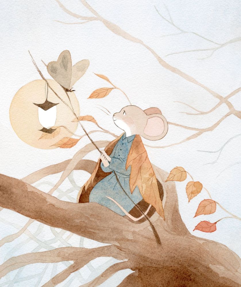 gouache and watercolor painting of a mouse wearing a blue dress and an orange leaf as a cloak sitting on a stick holding a lantern.  A moth is perched on the lantern