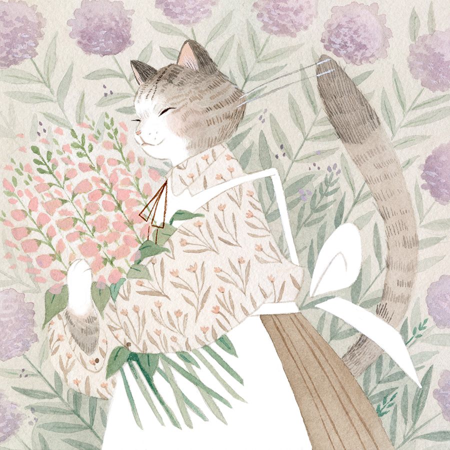 gouache painting of a gray tabby in cottagecore clothes holding a bouquet of fox glove flowers against a floral background