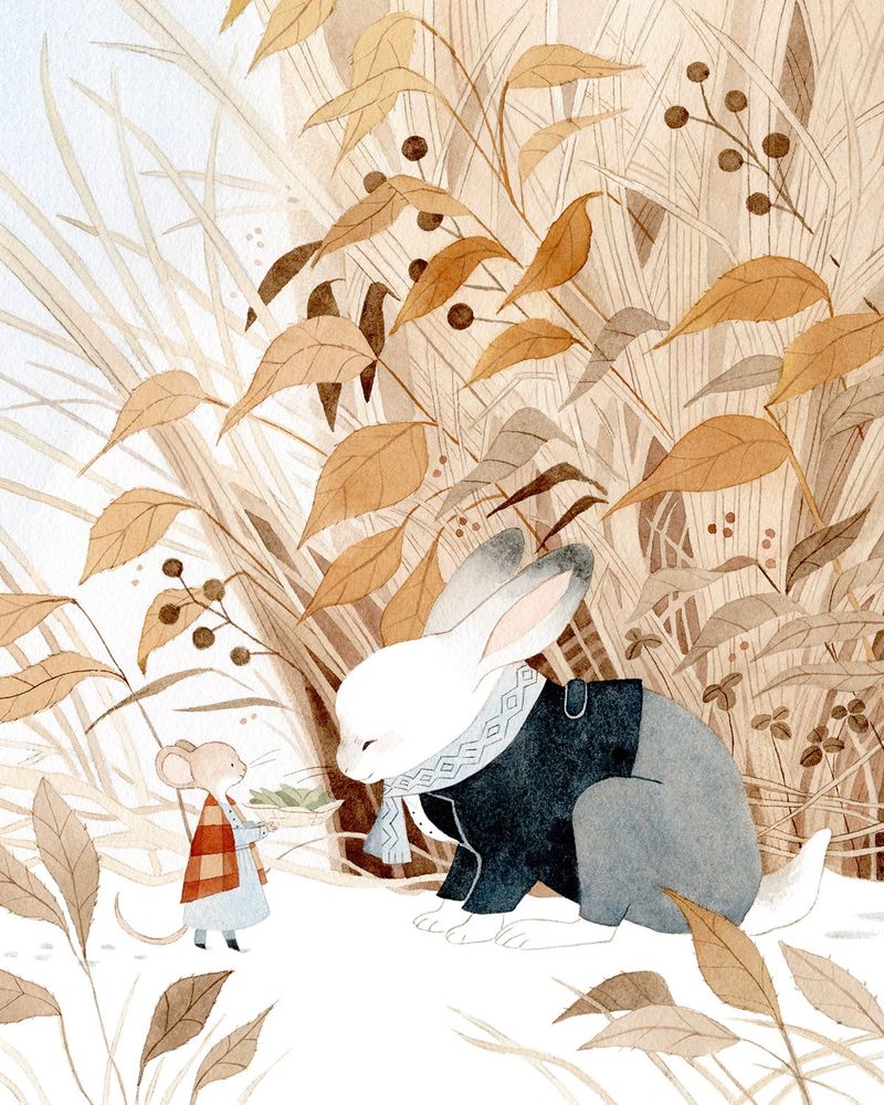 gouache painting of a mouse offering a fresh green salad to a rabbit on a cold winter's day