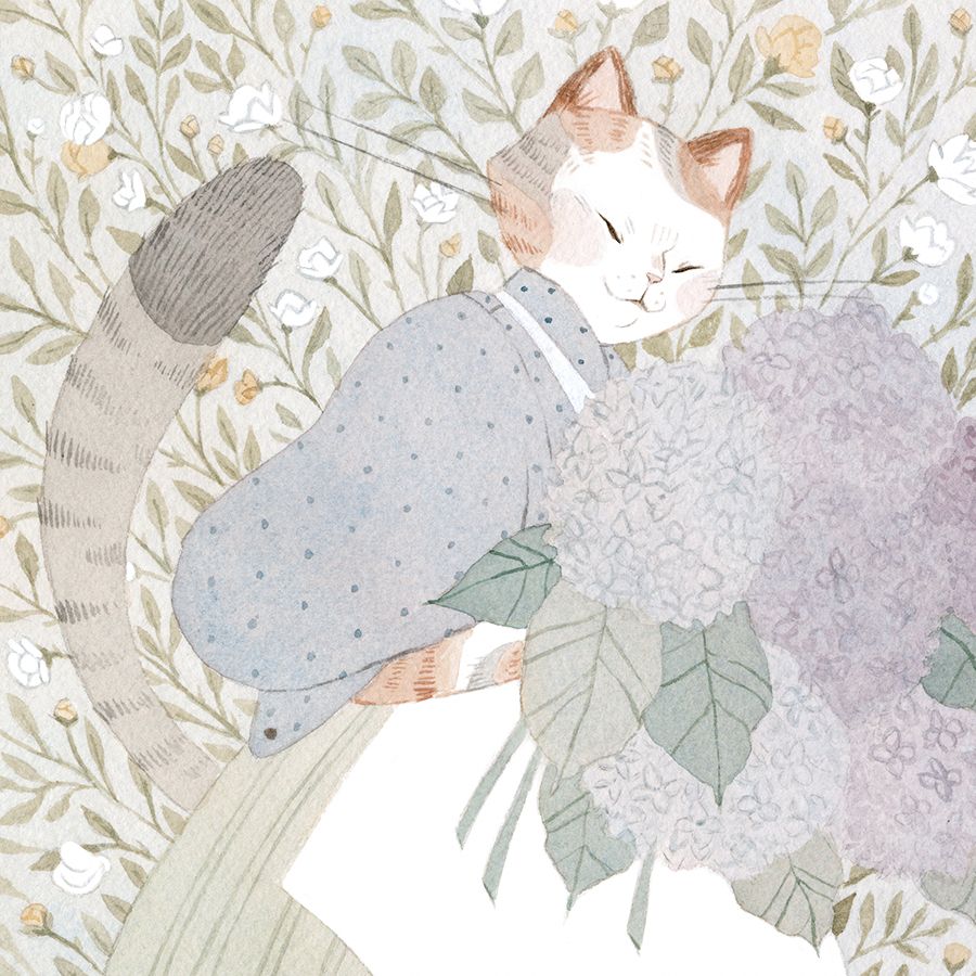 gouache painting of a calico cat in cottagecore clothes holding a bouquet of hydrangea against a floral background