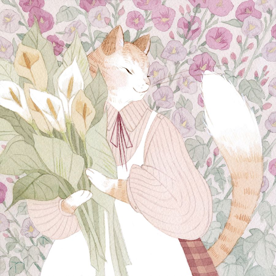 gouache painting of a orange tabby cat in cottagecore clothes holding a bouquet of calla lilies against a floral background