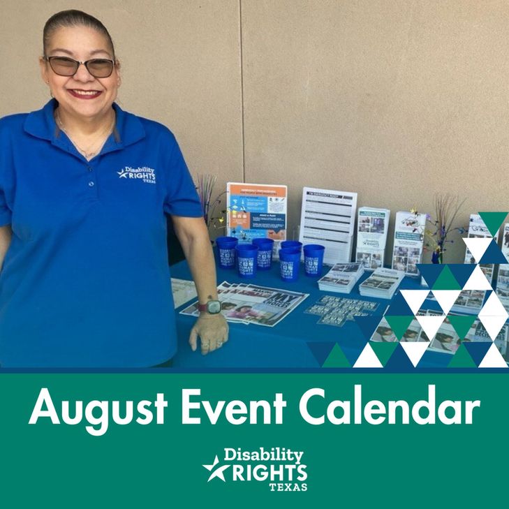 A woman wearing a DRTx shirt standing in front of a resource table. August event calendar.