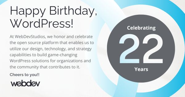 Happy Birthday message to WordPress from WebDevStudios in blue and white colors with gray text.