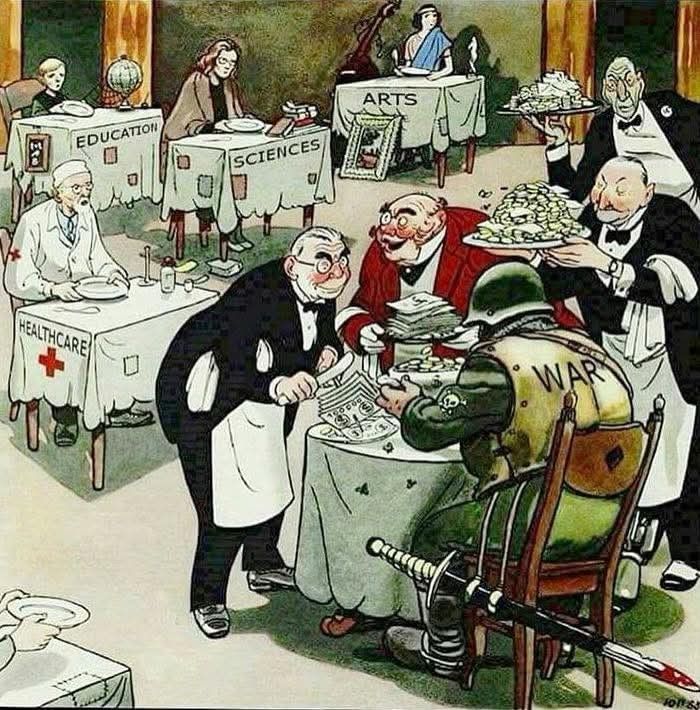 Image showing all the money flowing to war instead of healthcare, science and the arts