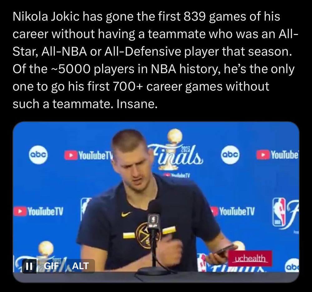 Jokic is the only player to play his first 700 games without an all star teammate.