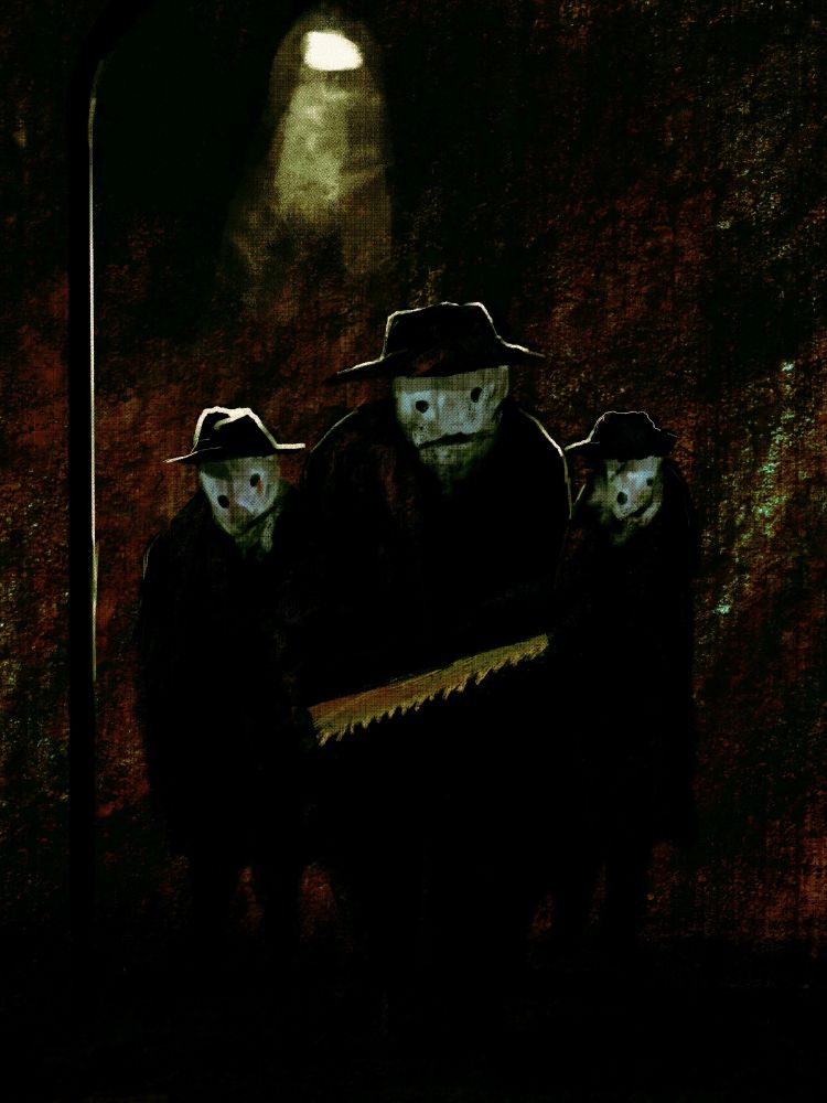 three shadowy figures with simplistic faces and saggy pale flesh, wearing coats and hats under a streetlight. the front-most figure is brandishing a rusty saw