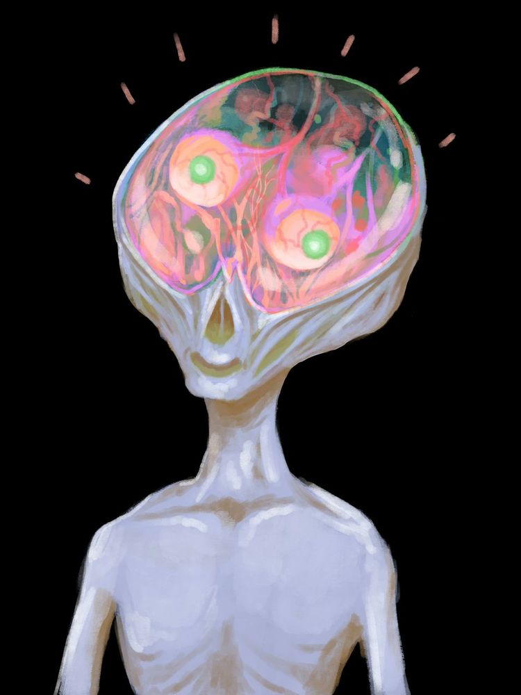 a pallid grey alien-like figure stands against a black background. he has a giant head and no nose. everything from the bottom of the eye sockets up is a transparent bubble showing neon coloured eyeballs and strange organs.