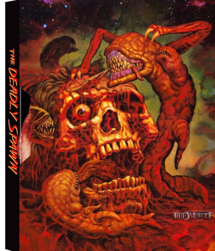 Painting of a nasty gory skull getting stripped of flesh by alien worms