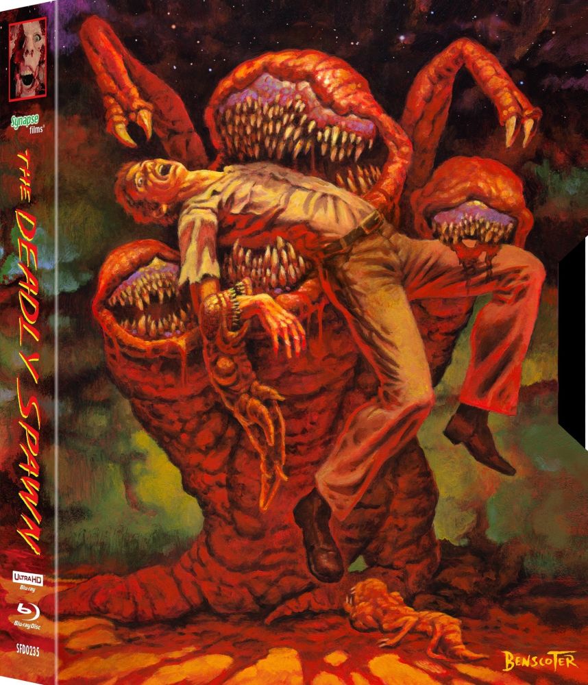 Absolutely gnarly painting of a toothy alien monster eating some dude