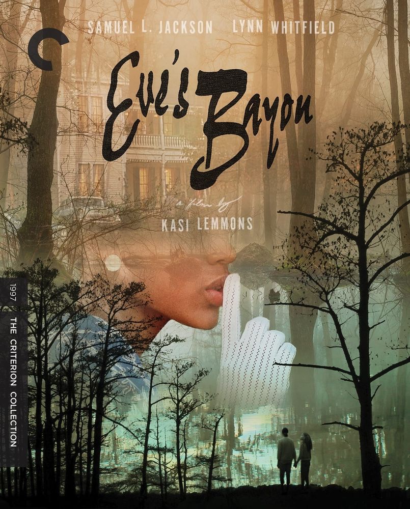 The poster to the film Eve's Bayou, a women holds a silencing gloved finger to her lips, overlaid with images of two children holding hands in silhouette in a bayou, and a fancy home