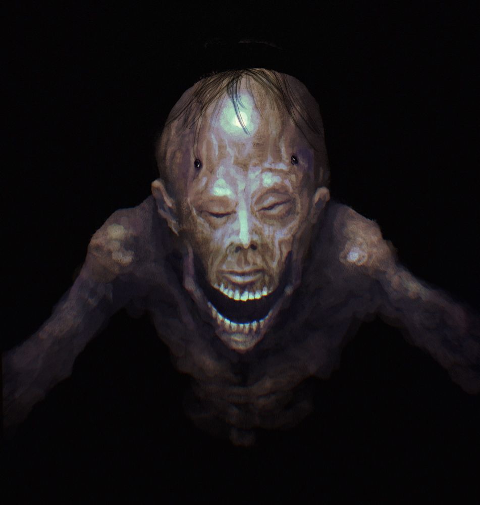 A grotesque creature with a fake human face that looks vaguely like a sleeping man. Its real eyes are two black spots high on its forehead, and it has a skeletal jaw under its fake chin.