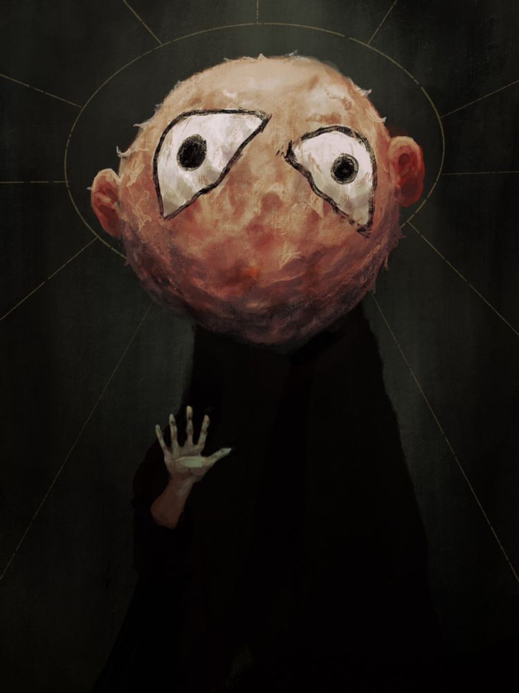 a figure in black with a giant, tan-colored papier-mache head stands in a green void, right hand raised. holy rays of light surround it, and it has wide painted on eyes.