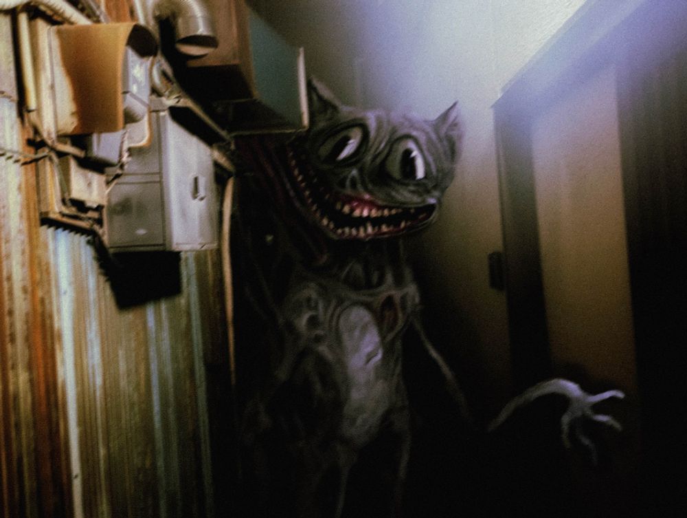 a creature like an anthropomorphic cat in a dark alley, its skin is furrowed and sineway. it's warped, and the right side of its body drifts and stretches out of sight