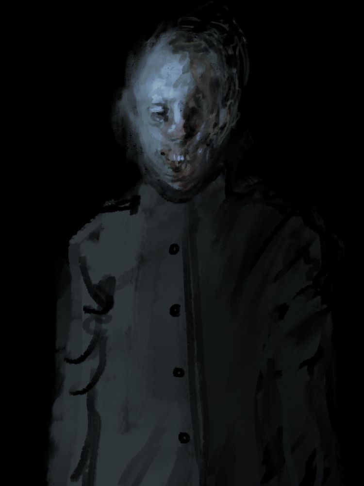 an awful man in a long buttoned up coat. his face is layers of shifting rot. the right side of his face is a scrambled mess floating off of his head
