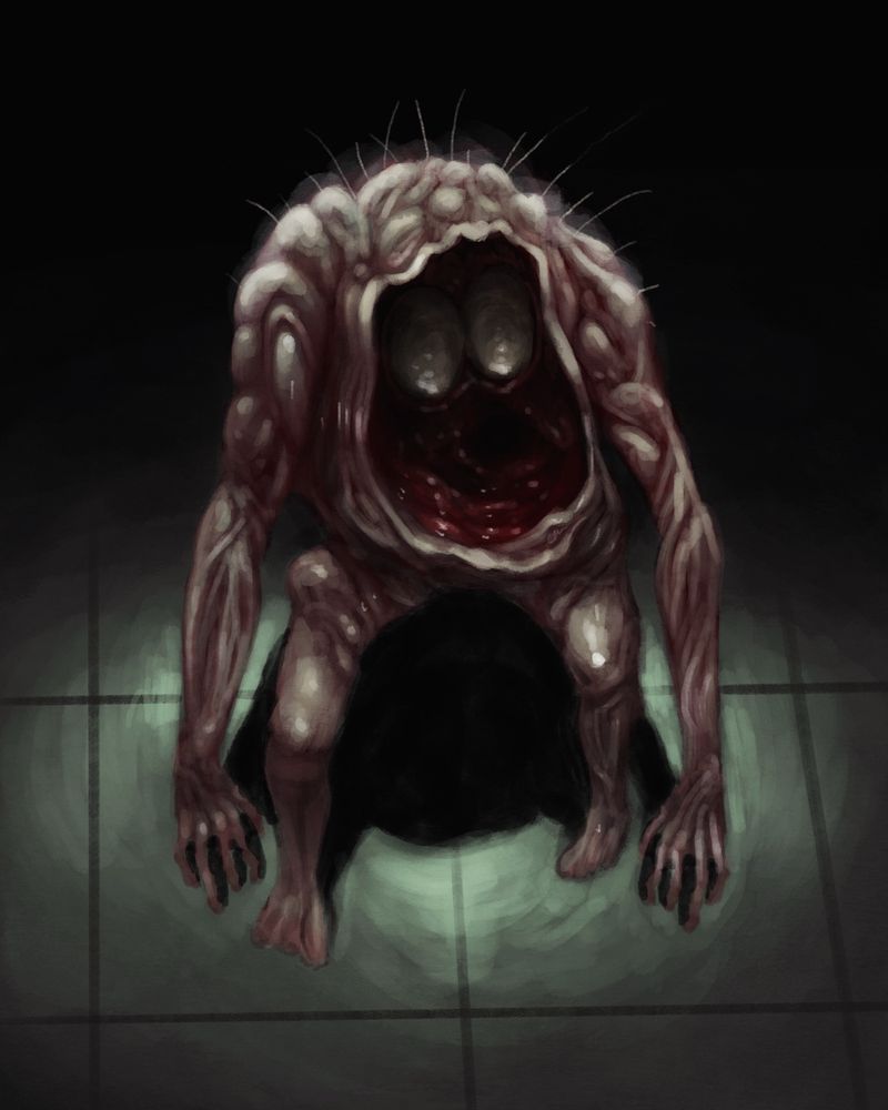 a gross little guy built like a hairless ape stares up at the viewer from a linoleum floor. he has no head, and his torso has a gaping hole from which pale eyes stare.