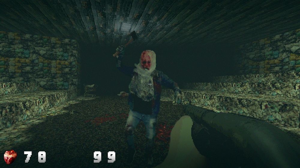 a nasty skin freak charges at you in a gross sewer video game level, you have a shotgun aimed at them