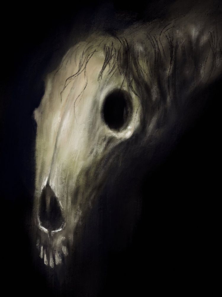 the skull of a horse against a dark background. a lumpy neck interspersed with tufts of stringy black hair leads off the right of the image