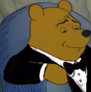 fancy winnie the pooh in a tux with a condescending, self-satisfied expression on his face