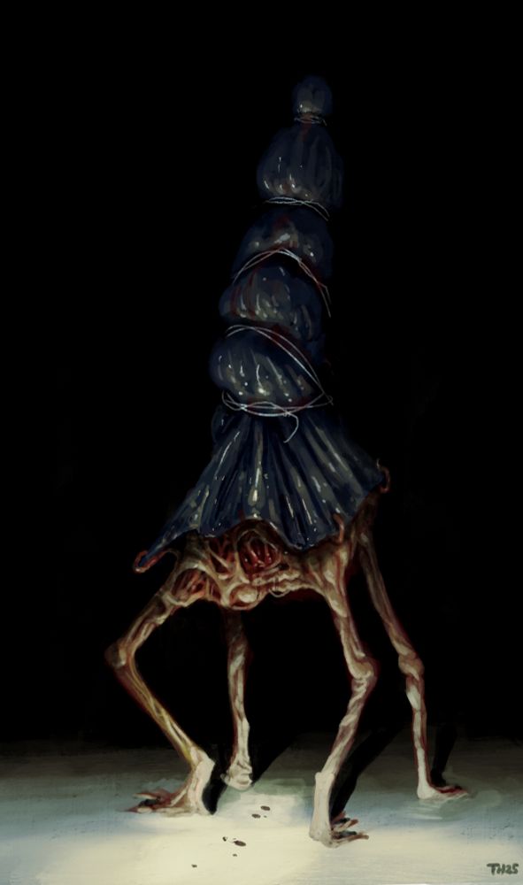 A fleshy, four-legged creature stands on a flat concrete (?) space at night, lit by flashlight. It has open holes in its flesh, showing a web of gristle and nerves. its upper half towers above it like a pillar, and is covered by a dark plastic tarp, bound at intervals with bloody white twine. The covered upper body vaguely resembles a human corpse.