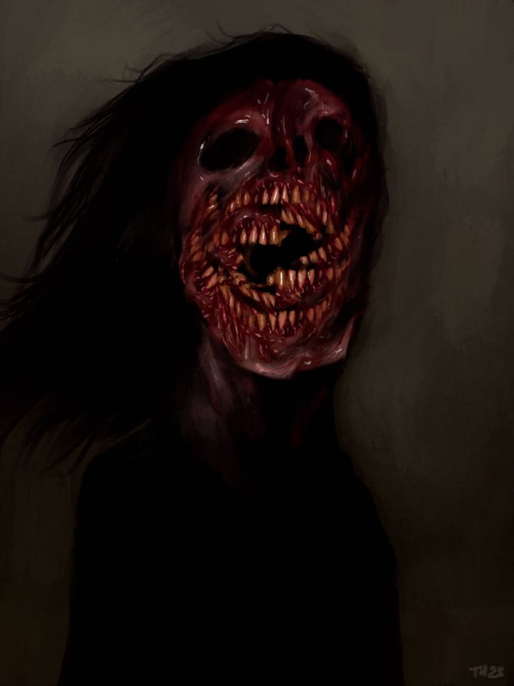 the rotten corpse of a woman stands and stares at the viewer with malformed empty eye sockets. the raw flesh of its face is dominating by many rows of teeth, twisting around a black void of a mouth.