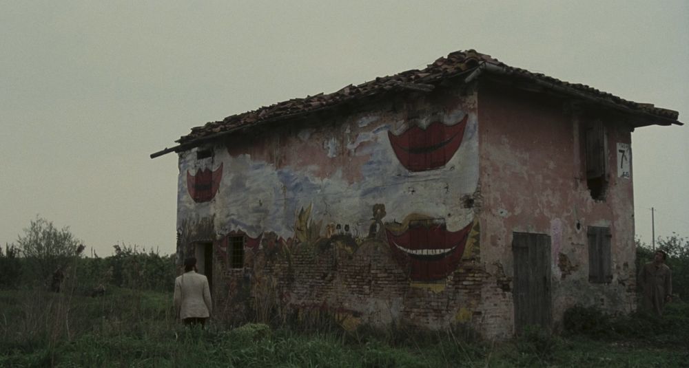 A decrepit brick building in a grassy field. three of the windows have had giant grinning mouths painted over them, hence the title.