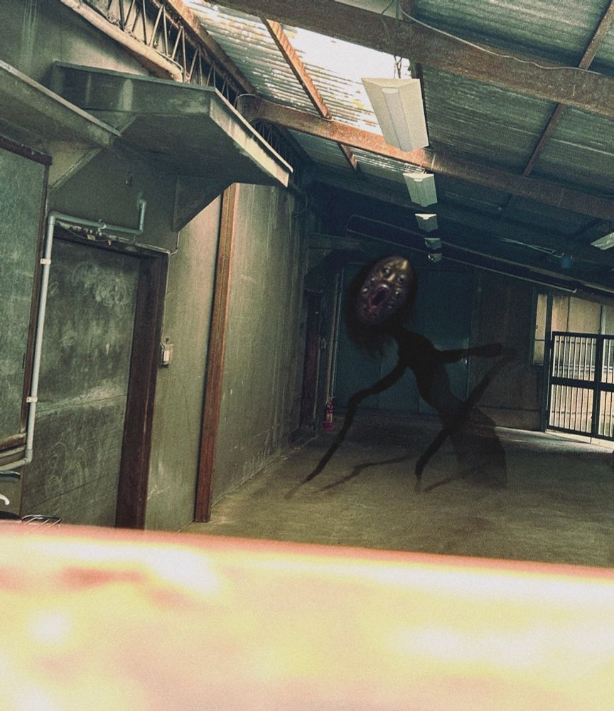 A barren garage space. A creature with a black ghostly and long insectile limbs is pulling itself out of the floor. Its head is a fleshy amalgam of four different heads joined at the mouth.