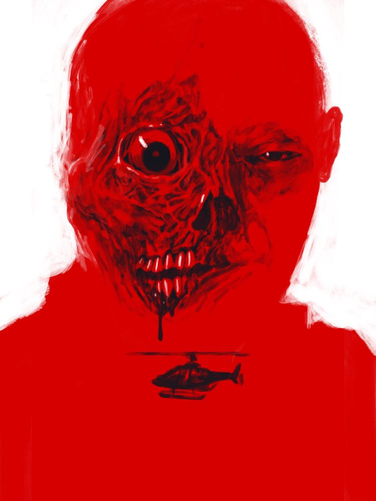 a painting of a red silhouette of a man on a white background. he looms over a helicopter in flight, and the right side of his face is a rotten and deteriorated skull