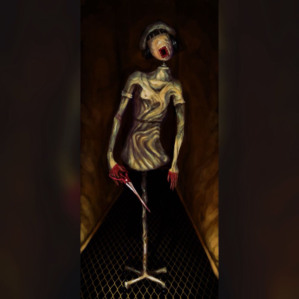 A half figure in a nurse’s dress that looks like skin. Its bottom half is a pole that terminates in a metal x with four wheels. It has red hands and is holding a large pair of scissors. Its face is a featureless bubble of flesh, aside from two sewn on squares of fabric inside each other, a black square inside a red, an abstracted mouth and lips. It has short black hair and a nurses cap. It’s in a rusty red hallway with a grate for a floor.
