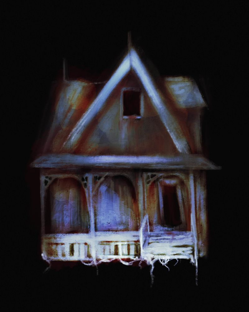 a drawing of a two story house in blues, whites, and browns. the upper floor comes to a point with one black window below. the lower floor has a  veranda with no windows. crooked stairs lead up to a yawning black void of a doorway. white roots dangle as the house hangs in a black void.