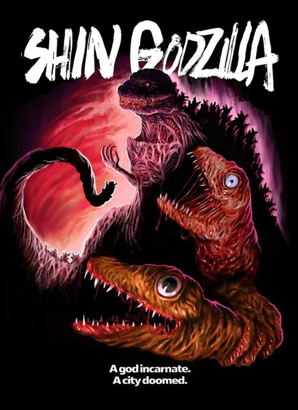a painting for the film shin godzilla. it depicts the three forms godzilla takes in the film, various grotesque, fleshy, bleeding dinosaur-like monsters against a red and orange sky. godzilla has purple highlights along his back. the text on the bottom says "a god incarnate. a city doomed." which is a tagline that goes hard as fuck