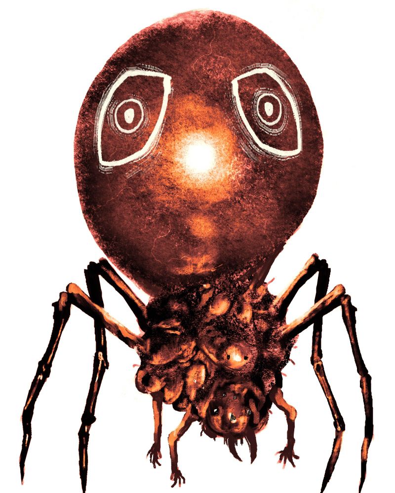 a copper-colored "spider" made of bulbous flesh, with three human arms and four spidery limbs. its abdomen is hugely inflated and has two white eye markings on it
