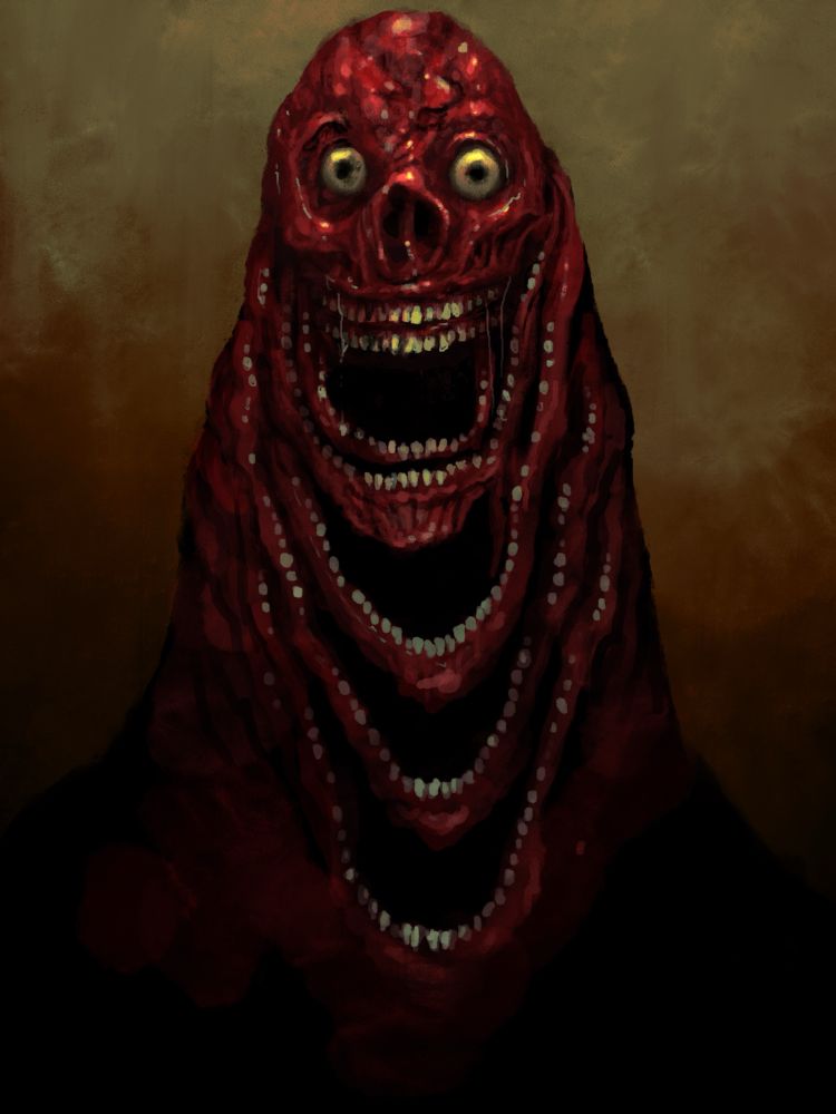 A fleshy, skinless creature with bulging eyes and many grinning toothy mouths. It’s a monster from the film Smile