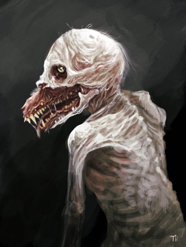 a skeletal monster from a 3/4 view, its mouth is bursting out of its skin like a wolf's muzzle
