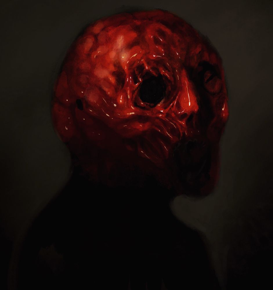 A skinless, eyeless man in shadow looks over his shoulder