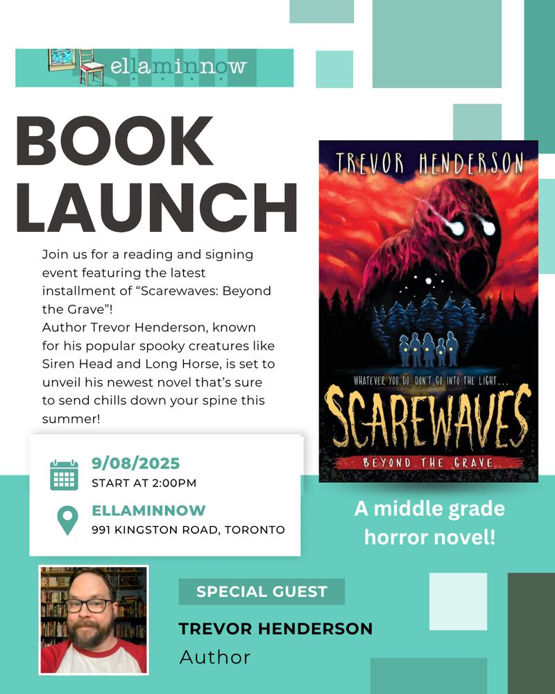 a book launch poster for my new kids book scarewaves:beyond the grave, 2:00pm at ELLAMINNOW, 991 Kingston Road, Toronto
