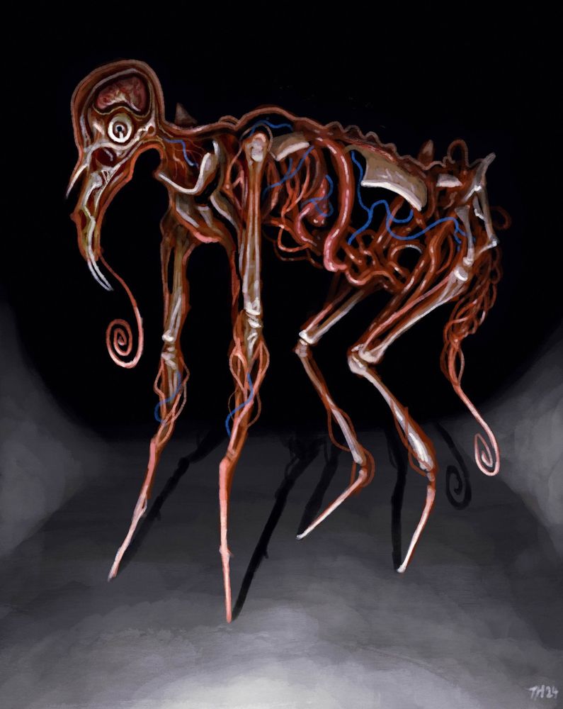 A skinless dog-like creature made of exposed bones and red, sinewy veins stands in a concrete landscape