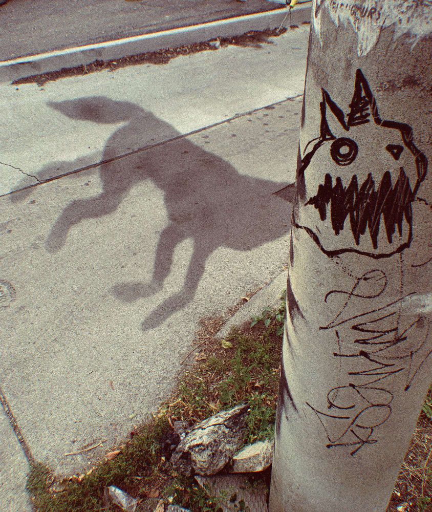 A sidewalk with a street lamp in the foreground. A dark stain in the shape of the body of a wolf is spread out on the street, it's head impossibly continuing on the pole in the form of roughly scrawled graffiti.