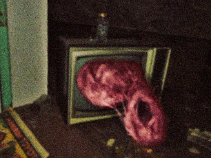 an abstracted, fleshy thing is being born through the glass screen of an abandoned old model television set, and is screaming