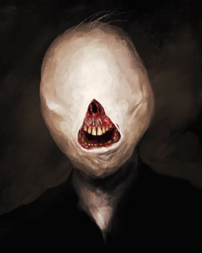 smooth egg headed humanoid with no facial features. a triangular tear in the skin reveals a rotten set of teeth and gums and a sinewy nose hole