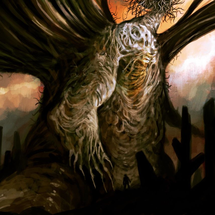 a mountainous thing, with long wing-like sheets of flesh drifting up and out of frame. its bulk is rotten, wrinkled, decomposing. its head appears to be a ball of feelers, but its so large its mostly off page. amongst strange pillars, a man is silhouetted in the foreground. he is very small.