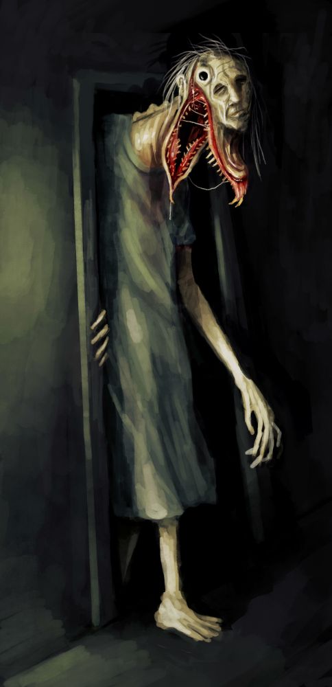 a creature that looks like a very tall old woman in a hospital gown steps through a doorway. its face is a false growth on the front of a huge and monstrous maw that is opening wide and dripping with saliva