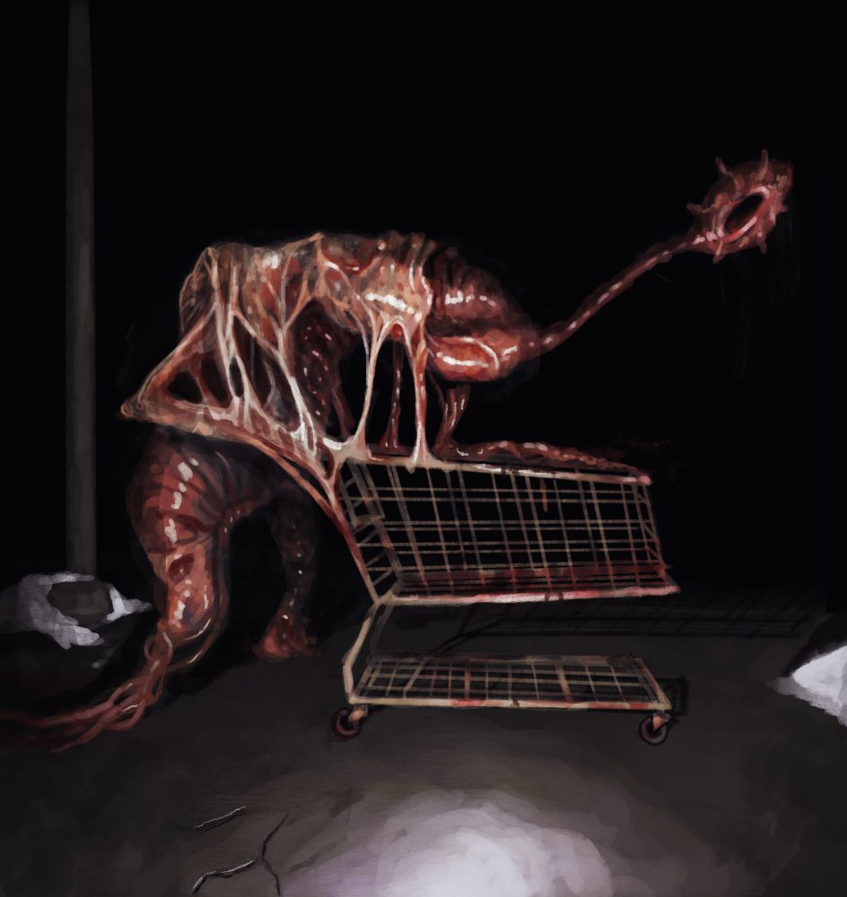A snowy parking lot at night. An abstract, fleshy, meaty thing is draped over a rusty, bloody shopping cart. The shopping cart melts into the creature through long ribbons of flesh to the point where the cart might actually be an extension of the creature. Its head is an oval on a long neck, like a sperm. Its only feature is a hole, making its face appear like a sucker.