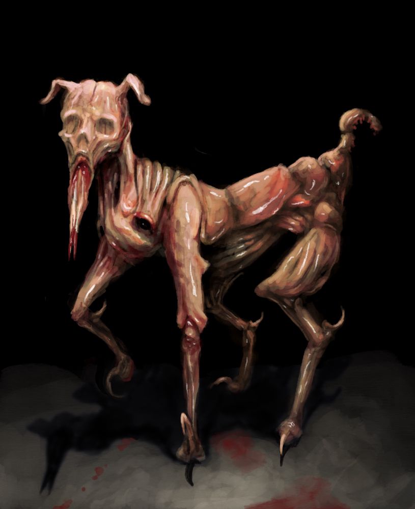 A creature that looks like a tick pretending to be a dog. It has a surface like leathery, tough plates of chitin, legs that end in curved hooks or grasping talons, a face with skull-like eye and nose sockets grown over with flesh, a long bone-like sucking apparatus / spear growing from its mouth, and cute little puppy ears.