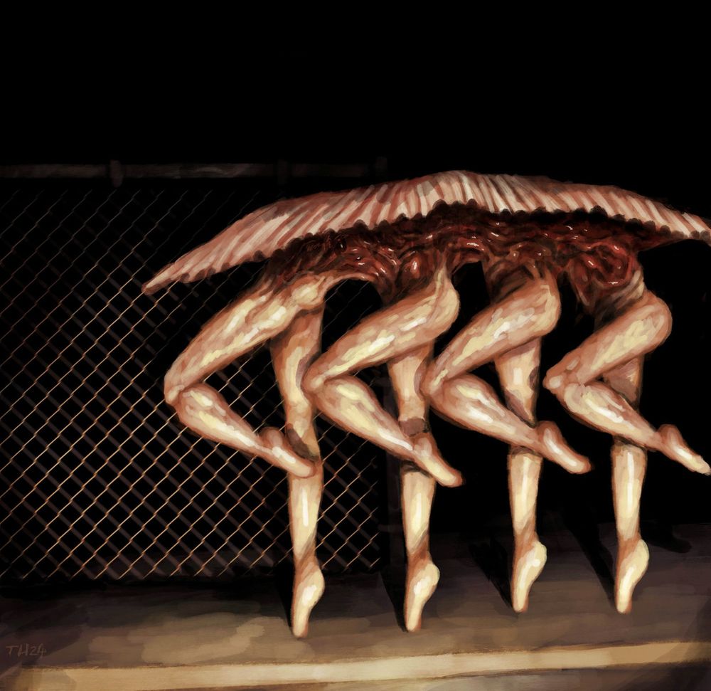 Four human lower halves dance down a sidewalk in front of a chainlink fence, they are fused together by fleshy strands at the torso, and have no upper body. a frill like a shell, or a tutu, or a piece of metal encircles their waists