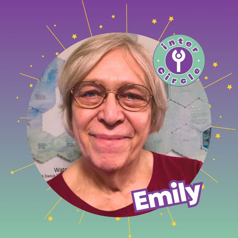Image of Emily with the interCircle logo. Emily is an 80+ year old transgender woman with light skin, gray short hair, and glasses. She smiles at the camera in a red shirt. The background has yellow stars against a green and purple gradiant.