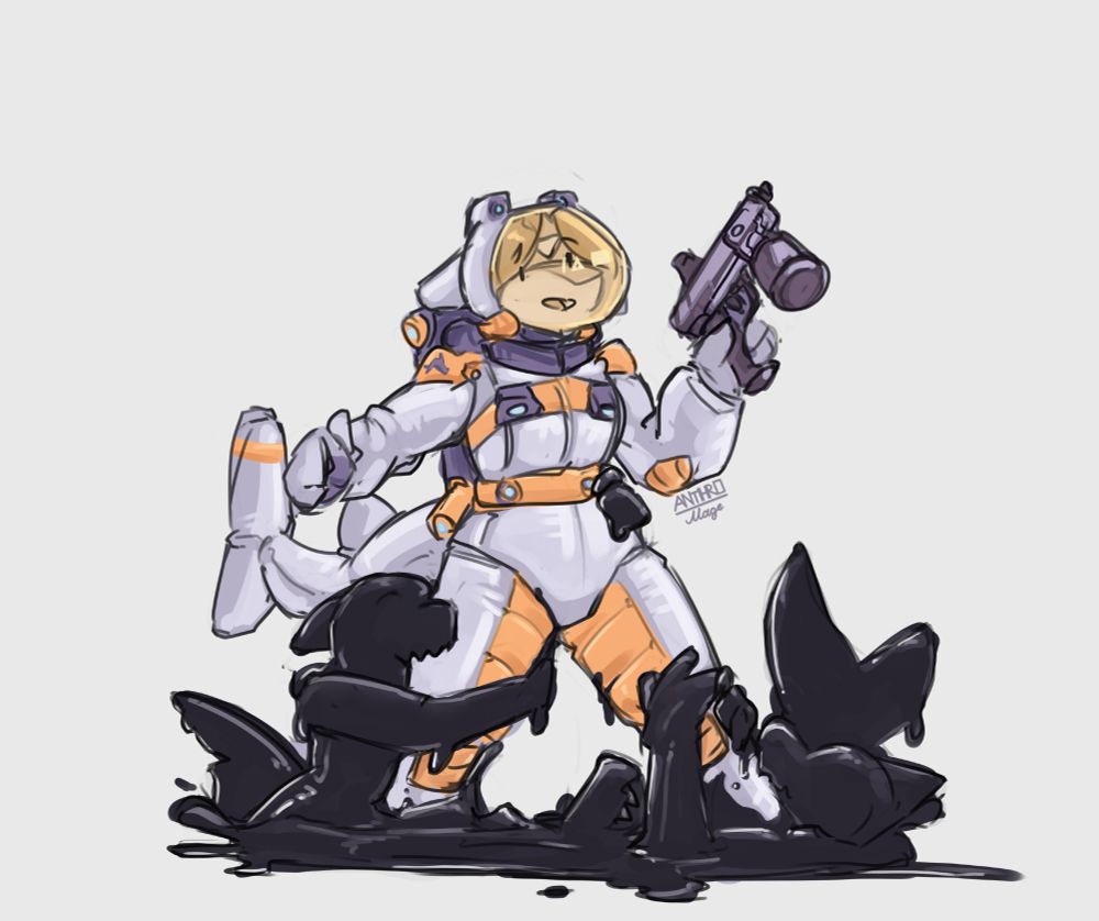Anthropomorphic shark in space suit and spray gun is caught up by tar/rubber liquid looking entities and dragged down into a pool of that liquid