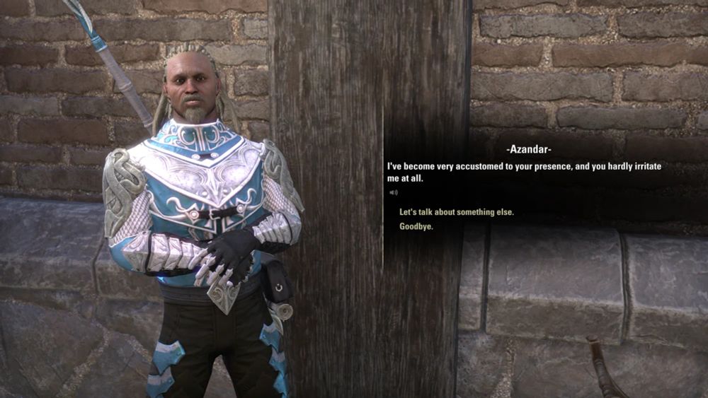elder scrolls online screenshot. we are talking to azandar. an older redguard mage. he says to us: I've become very accustomed to your presence, and you hardly irritate me at all.