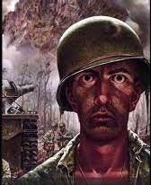 Im Vordergrund ist ein Soldat mit leeren, starren Blick und schief sitzenden Helm zu sehen der in die fiktive Kamera starrt. Im Hintergrund sind weitere Soldaten und ein Panzer in einer Landschaft voller kahler Bäume zu sehen.